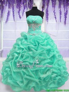 Discount Strapless Sleeveless 15 Quinceanera Dress Floor Length Beading Turquoise Organza