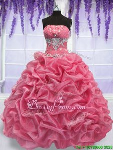 Stylish Watermelon Red and Rose Pink Strapless Lace Up Beading Quinceanera Gowns Sleeveless