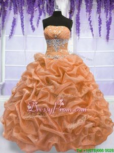 Pretty Orange Ball Gowns Strapless Sleeveless Organza Floor Length Lace Up Beading Sweet 16 Dress