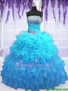 Fantastic Strapless Sleeveless Lace Up Ball Gown Prom Dress Aqua Blue Organza