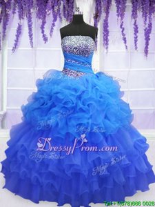 Graceful Sleeveless Floor Length Beading and Ruffled Layers and Pick Ups Lace Up Quinceanera Dresses with Blue