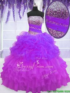 Best Selling Purple Ball Gown Prom Dress Military Ball and Sweet 16 and Quinceanera and For withBeading and Ruffled Layers and Pick Ups Strapless Sleeveless Lace Up
