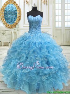 Affordable Sleeveless Organza Floor Length Lace Up Sweet 16 Dresses inBaby Blue forSpring and Summer and Fall and Winter withBeading and Ruffles