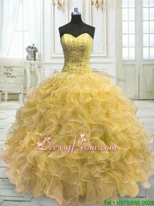 Traditional Light Yellow Ball Gowns Sweetheart Sleeveless Organza Floor Length Lace Up Beading and Ruffles Quinceanera Dresses