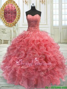 Exquisite Beading and Ruffles Quince Ball Gowns Watermelon Red Lace Up Sleeveless Floor Length
