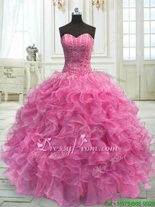 Sophisticated Rose Pink Lace Up Sweetheart Beading and Ruffles Quinceanera Dresses Organza Sleeveless