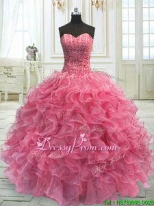 Chic Watermelon Red Organza Lace Up Sweetheart Sleeveless Floor Length Sweet 16 Dress Beading and Ruffles