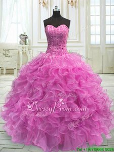Ideal Lilac Lace Up Quinceanera Gowns Beading and Ruffles Sleeveless Floor Length