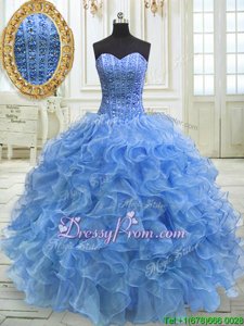 Delicate Floor Length Lace Up Quinceanera Dress Baby Blue and In forMilitary Ball and Sweet 16 and Quinceanera withBeading and Ruffles