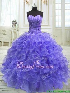 Vintage Sweetheart Sleeveless Ball Gown Prom Dress Floor Length Beading and Ruffles Purple Organza