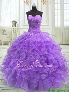 Colorful Sleeveless Organza Floor Length Lace Up Quinceanera Gown inLavender forSpring and Summer and Fall and Winter withBeading and Ruffles