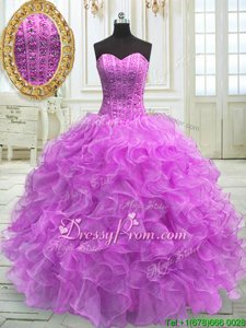 Sophisticated Lilac Ball Gowns Beading and Ruffles 15 Quinceanera Dress Lace Up Organza Sleeveless Floor Length