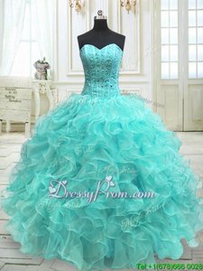 Stunning Aqua Blue Ball Gowns Beading and Ruffles Vestidos de Quinceanera Lace Up Organza Sleeveless Floor Length