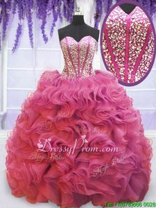 Amazing Pink Sleeveless Organza Sweep Train Lace Up Sweet 16 Dresses forMilitary Ball and Sweet 16 and Quinceanera