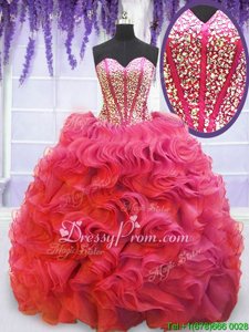 Exceptional Coral Red Sweetheart Lace Up Beading and Ruffles Quinceanera Dresses Sleeveless