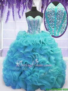Extravagant Sweep Train Ball Gowns Quinceanera Gowns Aqua Blue Sweetheart Organza Sleeveless Lace Up