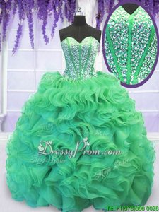 Nice Turquoise 15th Birthday Dress For withBeading and Ruffles Sweetheart Sleeveless Brush Train Lace Up
