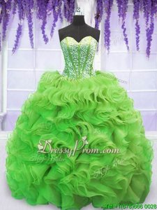 Hot Selling Lace Up 15th Birthday Dress Spring Green and In forMilitary Ball and Sweet 16 and Quinceanera withBeading and Ruffles Sweep Train