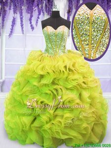 Colorful Yellow Green Sleeveless Beading and Ruffles Lace Up Quinceanera Dress