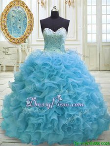 Fancy Lace Up Quinceanera Dress Baby Blue and In forMilitary Ball and Sweet 16 and Quinceanera withBeading and Sequins Sweep Train
