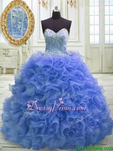High Quality Blue Sweetheart Neckline Beading and Ruffles Quinceanera Gowns Sleeveless Lace Up