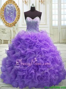 New Style Purple Sweetheart Lace Up Beading and Ruffles Quinceanera Gowns Sweep Train Sleeveless