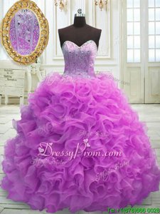 Lilac Lace Up Sweetheart Beading and Ruffles Sweet 16 Dress Organza Sleeveless Sweep Train