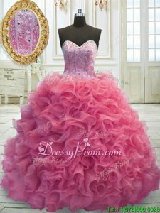 Popular Watermelon Red Organza Lace Up 15th Birthday Dress Sleeveless Mini Length Sweep Train Beading and Ruffles