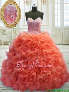 Hot Selling Coral Red Quinceanera Dress Organza Sweep Train Sleeveless Spring and Summer and Fall and Winter Beading and Ruffles