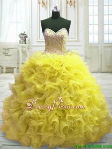 Modern Yellow Vestidos de Quinceanera Organza Sweep Train Sleeveless Spring and Fall and Winter Beading and Ruffles