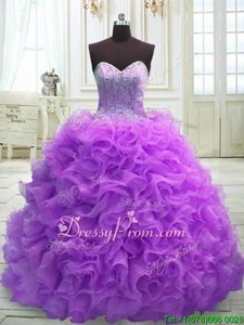 Elegant Purple Organza Lace Up Sweetheart Sleeveless 15 Quinceanera Dress Sweep Train Beading and Ruffles