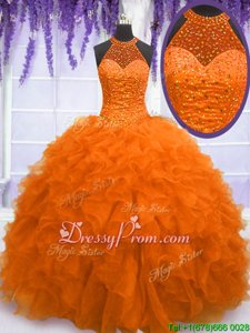 High End Organza High-neck Sleeveless Lace Up Beading and Ruffles Quince Ball Gowns inOrange