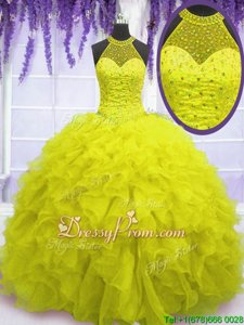 Sleeveless Organza Floor Length Lace Up Quinceanera Gowns inYellow forSpring and Summer and Fall and Winter withBeading and Ruffles