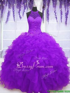 Fantastic Purple High-neck Neckline Beading and Ruffles Sweet 16 Dresses Sleeveless Lace Up