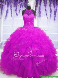 Custom Fit Sleeveless Floor Length Beading and Ruffles Lace Up Quinceanera Dresses with Fuchsia