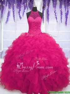 Attractive High-neck Sleeveless Lace Up Quinceanera Dresses Hot Pink Organza