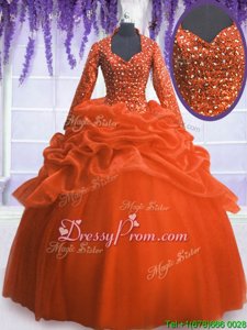 Enchanting Floor Length Orange Quinceanera Dresses Organza Long Sleeves Spring and Summer and Fall and Winter Sequins and Pick Ups