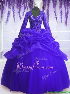 Super Organza V-neck Long Sleeves Zipper Sequins and Pick Ups Quince Ball Gowns inRoyal Blue