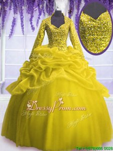 Shining Floor Length Ball Gowns Long Sleeves Yellow Sweet 16 Quinceanera Dress Zipper
