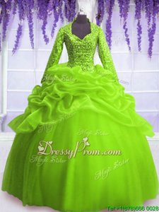 Nice Floor Length Ball Gowns Long Sleeves Spring Green Quinceanera Gown Zipper