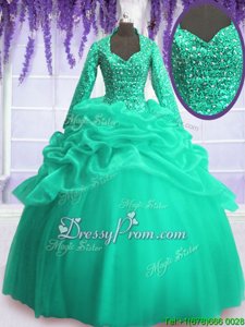Designer Turquoise Ball Gowns Sequins and Pick Ups Sweet 16 Quinceanera Dress Zipper Organza Long Sleeves Floor Length
