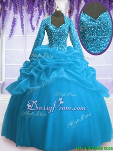Best Sequins and Pick Ups Ball Gown Prom Dress Baby Blue Zipper Long Sleeves Floor Length
