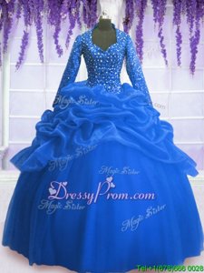 Glamorous Blue Ball Gowns V-neck Long Sleeves Organza Floor Length Zipper Sequins and Pick Ups Vestidos de Quinceanera