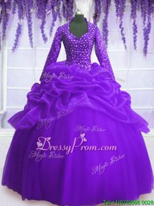 Trendy Purple Long Sleeves Organza Zipper Quinceanera Dresses forMilitary Ball and Sweet 16 and Quinceanera