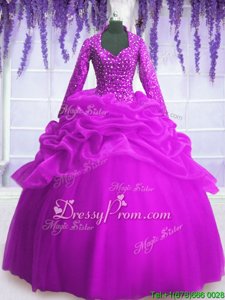 Flare Purple Organza Zipper Sweet 16 Quinceanera Dress Long Sleeves Floor Length Sequins and Pick Ups