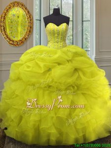 Noble Floor Length Ball Gowns Sleeveless Yellow Ball Gown Prom Dress Lace Up