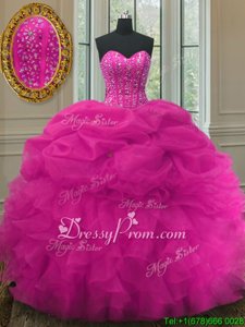 Fuchsia Ball Gowns Sweetheart Sleeveless Organza Floor Length Lace Up Beading and Ruffles and Pick Ups Quinceanera Gowns