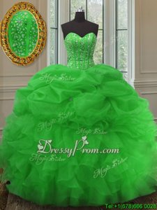 Green Sleeveless Beading and Ruffles and Pick Ups Floor Length Quinceanera Gown
