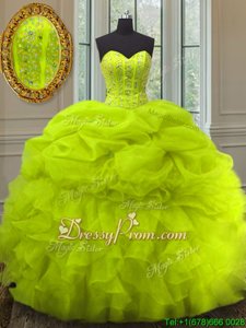 Extravagant Yellow Green Ball Gowns Sweetheart Sleeveless Organza Floor Length Lace Up Beading and Ruffles and Pick Ups Quinceanera Dress