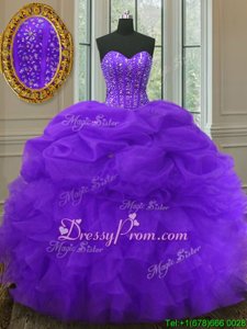 Unique Organza Sweetheart Sleeveless Lace Up Beading and Ruffles and Pick Ups Quinceanera Gowns inPurple
